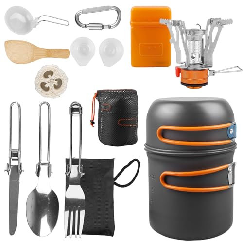 Camping Kochgeschirr Set, Camping Geschirr Set mit Gaskocher, Outdoor Kochgeschirr Topfset Faltbar, Campinggeschirr 2 Personen, Camping Topf aus Aluminium für Wandern Outdoor Kochen Picnick