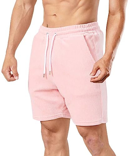 Pantaloncini da uomo in velluto a coste da lavoro casual elastico in vita con coulisse leggeri pantaloncini estivi da spiaggia a gamba larga per il tempo libero corsa jogging pantaloni corti, rosa, M