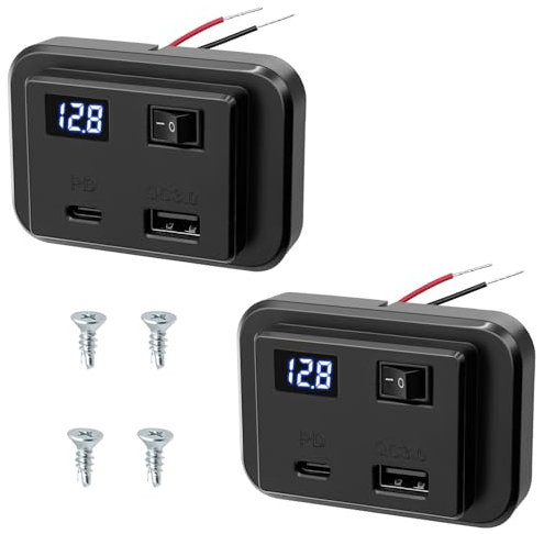 Dexumodbk 2PCS 12V Dual USB C Car Charger Socket Panel with Switch and LED Voltmeter 40W PD2.0+QC3.0,DC12V-26V USB Power Outlet Outdoor Quick Charge Adapter Socket for Campervan Motorcycle Boat Truck