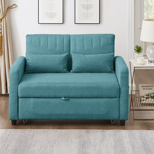 HAINEW Klappbares Schlafsofa Schlafsofa Couch Sofa mit Schlaffunktion, 2 Sitzer Sofa aus Baumwoll-Leinen-Stoff, Polstersofa Bettsofa mit Seitentaschen, Doppelsofa für Wohnzimme Wohnung Büro (Blau)