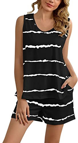 Pigiami Donna Estivi Corti - Pigiami Donna Cotone Senza Maniche Scollo A U Canotta Casual Stampa A Righe Pigiama Set Leggero Comfort con Tasca 2 Pezzi da Spiaggia