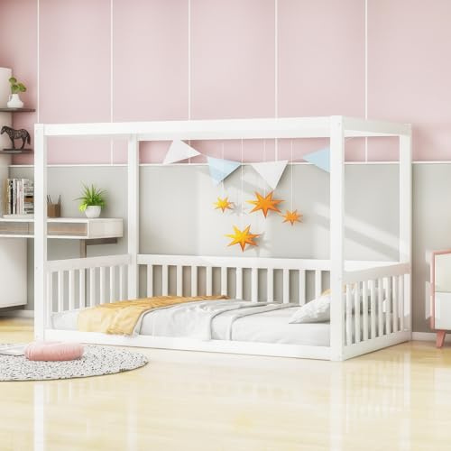Standbett 90x200 cm Himmelbett Massivholz Bettgestell Einzelbett für Schlafzimmer Bodenbett Ohne Matratze Familienbett weiß