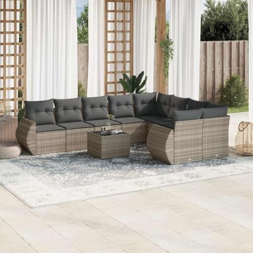 QJBSAVVA 10-teiliges Outdoor Sofa Set Hellgrau Poly-Rattan mit Glasplatte und abnehmbaren Kissen modular Garten Lounge Sitzecke für Balkon Terasse Garten