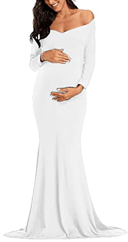 Générique Robe de Maternité à Épaules Dénudées pour Séance Photo, Robe de Grossesse Maxi Moulante avec Corsage Plissé, Enceinte Costume en Mousseline de Soie Élégante Habillée pour Fête Prénatale