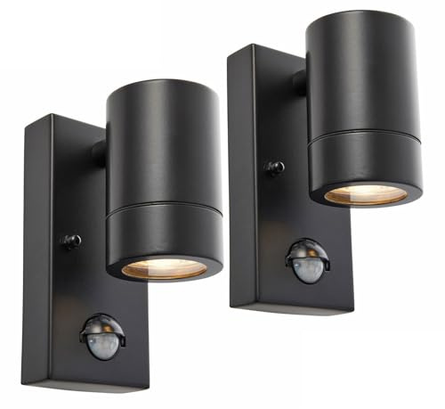 National Lighting PIR Outside Lights - Outdoor Security Lights - Matt Black Motion Sensor Presence Detector External Lantern Light - IP44 Rated 7W 240V LED GU10 Lamp (Not Included) 2-Pack