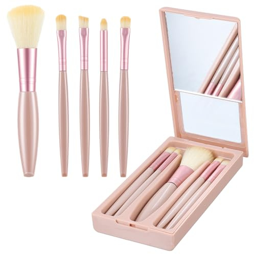 Easy-taken Travel Makeup Brush Set, 5Pcs Mini Cosmetic Brushes Kit with Mirror for Eye Shadow, Travel Size Makeup Brushes Soft Brushs Basic Cosmetic Profesional Tools Perfect for On The Go(Apricot)