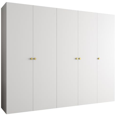 MEBLE KRYSPOL - Kleiderschrank - Garderobenschrank - 250 cm x 202 x 52 cm - Schrank mit Kleiderstange, 5 Türen - für Schlafzimmer, Flur - Parma, Weiß, Griff Gold