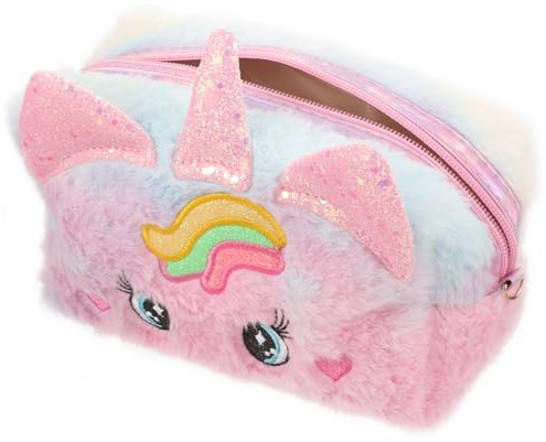 AMUSLESUR Borsa da Viaggio per Cosmetici Ragazze Design Unicorno in Peluche Rosa, Organizer Make-up Spazioso e Pratico, Pochette Toilette Apribile per Viaggi Comodi