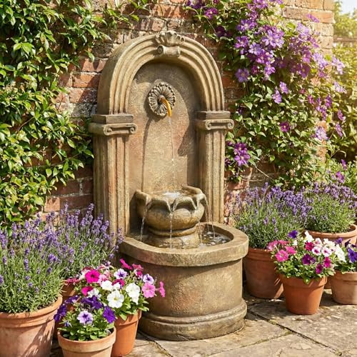 Arhatreya Gartenbrunnen im Antik-Stil – 230V Standbrunnen mit Wasserfall, Wasserhahn & Becken im Bogendesign – Zierbrunnen für Garten, Gartenteich, Terrasse & Balkon