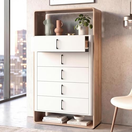 Mendler Highboard HWC-P43, Hochschrank Sideboard Kommode, 5 Schubladen MDF 155x80x41cm - Wotan-Eiche-Optik, weiß