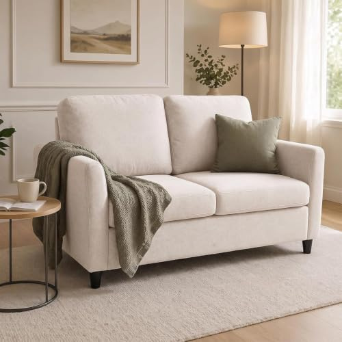 YODOLLA 2 Seater Sofa, Small Fabric Couch Modern Loveseat,Beige | Quick assembly, cushions for cozy comfort,sturdy support, 135cm space-saving,for living room, bedroom and small spaces