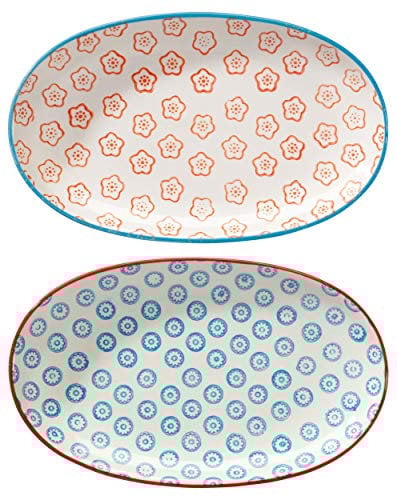 Bloomingville Servierplatten Emma Retro kleine Servier-Teller oval Vintage L 21,5 x W 13 cm, orange blau, Keramik, 2er Set