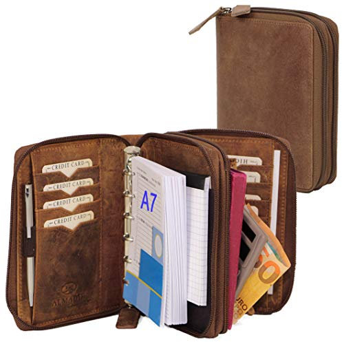 ALMADIH Leder A7 Kombimappe 2 Fächer mit Reißverschluss Kalender 2025 Premium Rindsleder Braun Vintage Geschenkbox Ledermappe Mappe Schreibmappe Terminplaner Terminkalender Ringbuchmappe (BV)