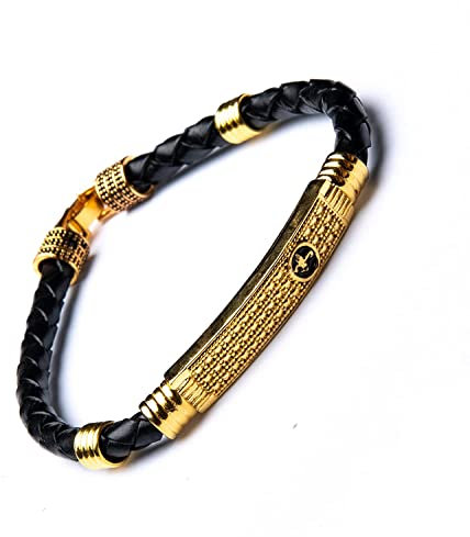 Wonder Care Goldenes Messingarmband für Herren | Lederarmband Bahubali Armreif für Männer | Religiöses Kada aus Messing | Armband in freier Größe für Weihnachten, Neujahr und Valentinstag