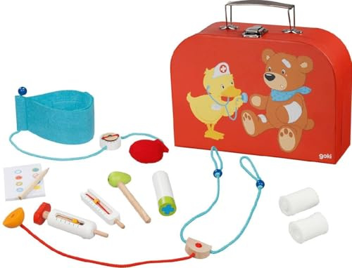goki 51009 Arztkoffer 10-teilig – Doktorspielzeug aus Holz und Textil, Kinder-Arztset mit Stethoskop, Thermometer, Spritze, Rezeptblock & Zubehör, für kreatives Rollenspiel, 25 x 8,5 x 23 cm