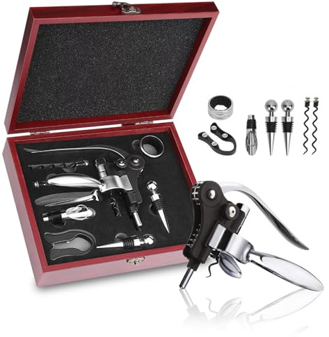 Wine Bottle Opener Gift Set - 8 PCS Corkscrew Opener with Wood Case, Stainless Steel Opener Kit for Birthdays & Weddings