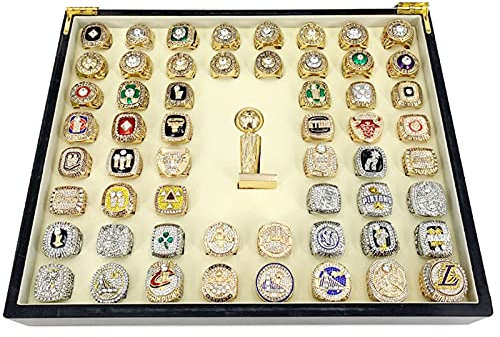 WOSHUAI NBA Meisterschaftsring Set, 1967-2020 Hochwertiger Replik Basketball Meisterschaftsring, Limitierte Auflage 3D Strass Bling Ringe Der Premium Serie Holzbox Set 50 TLG