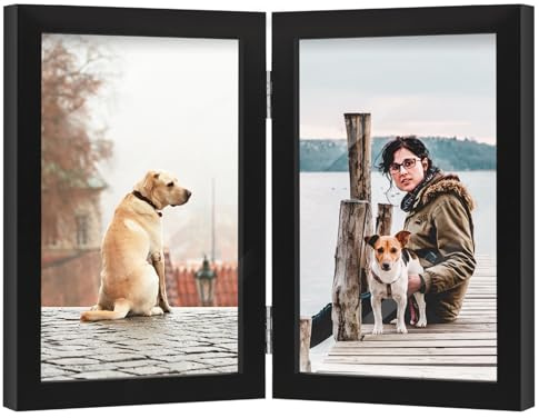 FOREV 4x6 Double Picture Frame Wooden Hinged Photo Frame Definition Glass Stand Vertically on Desktop or Tabletop Black
