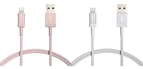 Amazon Basics Nylon Braided Lightning to USB A Cable - MFi Certified iPhone Charger, Rose Gold, 0.9 m & Nylon Braided Lightning to USB A Cable - MFi Certified iPhone Charger, Silver, 0.9 m