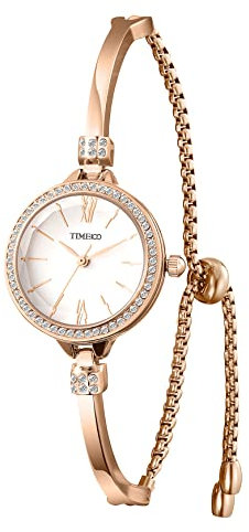 TIME100 Uhr Damen Analog Quarz Uhr Elegant Minilistisch Edelstahl Armband Armreif Modisch Diamant Zifferblatt Rosegold