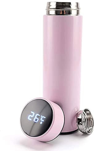 Botella de agua con aislamiento inteligente, Botella de infusor de té Taza de café de boca ancha al vacío de acero inoxidable, Termos de viaje con pantalla táctil LCD, 18 oz,Pink