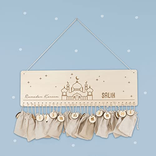 Ramadan Kalender aus Holz personalisiert mit Namen Ramazan Zuckerfest Moschee Ramadankalender für Kinder Süßigkeiten Jute-Beutel optional hellomini (mit Jute-Beuteln und Zahlen)