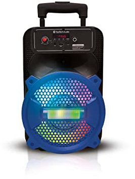 Top Tech Rock-8 Fully Amplified 1500W Portable Bluetooth Speaker, 8-Inch Woofer, LED Lights, 5-Hr Rechargeable Battery, USB, TF Card, FM Radio, AUX Inputs, Wired Microphone for Karaoke, Blue
