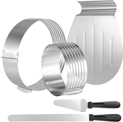 ZEONHEI 5 Stück Tortenboden Schneidehilfe, 2 Tortenschneider Rund Set mit 1 Konditormesser, 1 Tortenheber Edelstahl, 1 Kuchenheber, 15-20cm/25-30cm Tortenring Verstellbar, Schneiden von 7 Böden