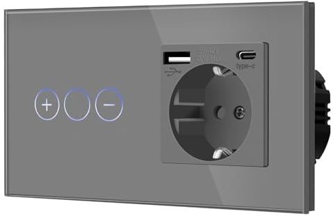 BSEED Dimmer Schalter Touch KEIN WIFI 1 Fach 1 Weg mit USB C Grau | Dimmschalter aus Glas, Unterputz Touch Lichtschater, NON-WLAN