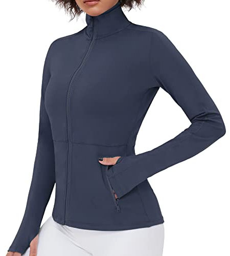 VUTRU Donna Giacca da corsa Collo alto Giacca sportiva leggera Manica lunga Camicia yoga Giacca fitness Giacca da allenamento traspirante con fori per i pollici e zip integrale Blau Dunkel S