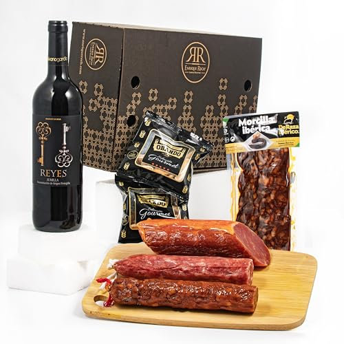 ENRIQUE RECH – Cesta Gourmet para Regalar - Vino Tinto Jumilla Reyes - Morcilla Ibérica Deraza - Chorizo y Salchichón Duroc – Taco de Lomo - 2 Picos Rústicos de Pan Obando - Cesta Regalo
