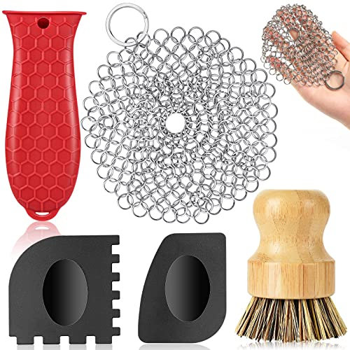 Limpiador de hierro fundido, soporte de mango de silicona antideslizante de panal, 2 raspadores de parrilla de sartén, cepillo de mango de bambú, limpiador de malla de acero inoxidable 316 para sartén