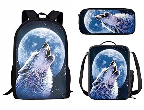 Suhoaziia Set di 3 zaini per scuola, zaino per studenti con scatola termica per il pranzo e astuccio per matite per viaggi e lavoro di lavoro, Lupo bianco che ulula luna, Taglia Unica