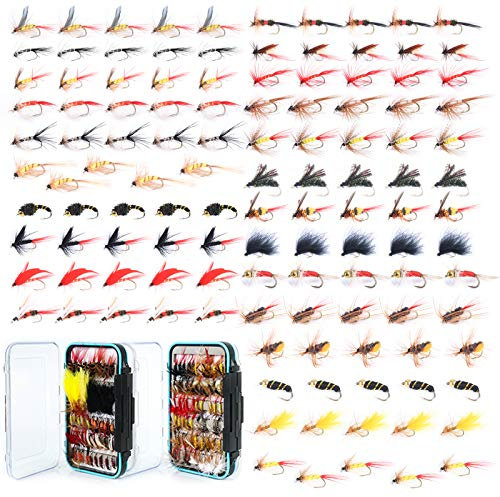 MAXIMUMCATCH Fliegenfischen 120 Stück Fliegen mit Fliegenbox Kombi Trocken- / Nassfliegen, Nymphen, Luftschlangen, handgefertigte Fliegenfischerköder (120 Fliegen + Fliegenbox)