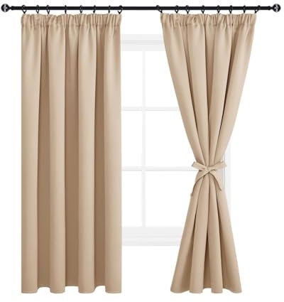 DWCN Vorhänge Blickdicht Gardinen mit Kräuselband Vorhang Schlafzimmer 2er Set H 183 x B 117 cm, Warm Verdunkelungsvorhang mit Vorhang-Krawatten Thermovorhang für Wohnzimmer, Beige
