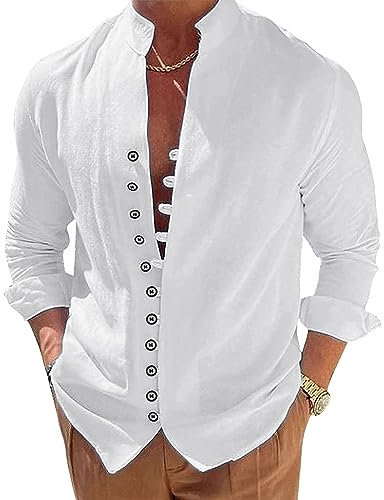 NANAMEEI Mens White Tops Casual Long Sleeve Button Shirts Grandad Shirts, White, L