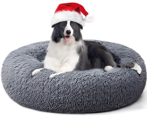 YOJOGEE Calming Donut Dog Bed for Large Dogs, XL Dog Beds Fluffy Extra Large Washable Non-Slip Anti Anxiety Plush Cuddler Round Faux Fur Pet Bed 70x70x19cm Dark Grey