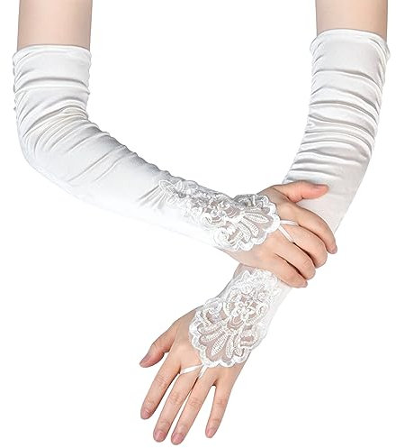 Naapesi Lange Satin Handschuhe - Damen Classic Abendhandschuhe Mit Spitze Für Braut, Tanz, Verkleidung, Hochzeit, Abschlussball, Halloween (Weiß)