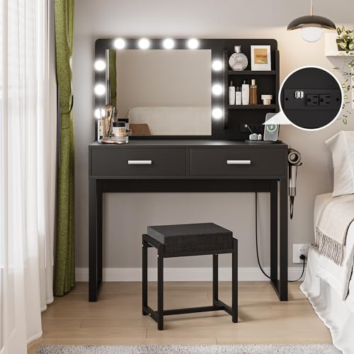 Semiocthome Schminktisch-Set, Weiße Vanity für Damen mit Hocker & 10-LED-Spiegel, 2 Schubladen & Steckdosen-USB-Anschlüssen
