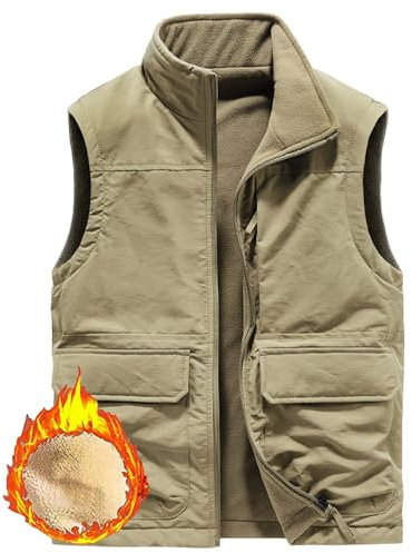 Dotwites Gilet réversible en polaire pour homme, veste décontractée doublée de polaire avec fermeture éclair intégrale, coupe-vent et sans manches, kaki, L