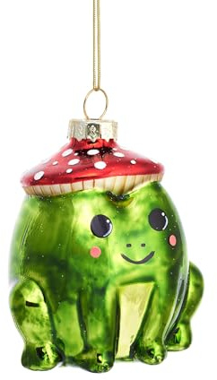 Sass & Belle Hängender Schmuckball - Weihnachtspilz, Frosch - Hängender Schmuck - Grün, Glas, Glitzer - Weihnachtsspaß - 7,0 x 8,0 x 6,0 cm