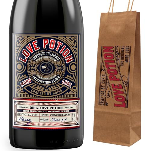 KadoBox - Love Potion Funny Wine Label - Wine Label & Gift Bag. Anniversary for Men & Women. Wine Gifts for Women. Funny Birthday Gift, Anniversary for Her, Valentines