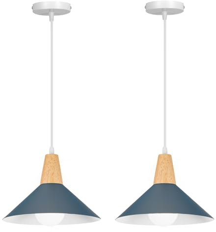 LIGKIN 2 Stück Pendelleuchte E27 Moderne Hängeleuchter Industrielle Deckenleuchte Ø25cm Metall Lampenschirm Vintage Holzkronleuchter für Küche Esszimmer Kaffeezimmer, Dunkelblau