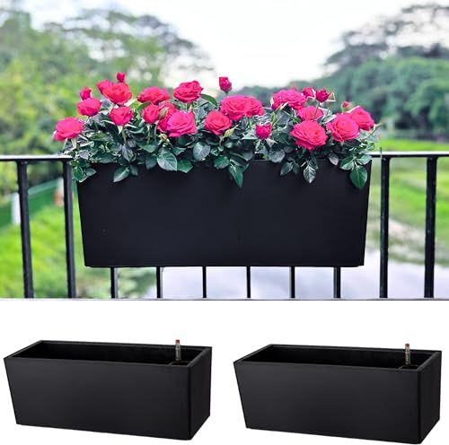 LaLaGreen - Macetas de barandilla para balcón y jardín (paquete de 2 unidades, 20 pulgadas), maceta de fresas negras con riego, macetas rectangulares de plástico para exteriores para colgar en el