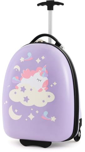 GOPLUS Kinderkoffer mit Rucksack, Kids Trolley, Kindergepäck mit Rollen, Reisekoffer mit Teleskopgriff, Hartschalenkoffer für Kinder, Kindertrolley Farbwahl (Hellviolett-Einhorn, 16)