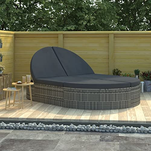 FENLAX Doppel-Sonnenliege mit Kissen Poly Rattan Grau 198x138x(28-84) cm Poolliege Outdoor Gartenliege Polyrattan Gartenbett Outdoor Balkon Bett Outdoor Liegesessel Outdoor Gartenmöbel Liege