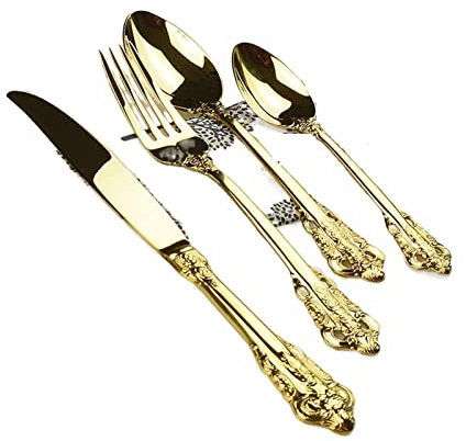 Couverts occidentaux plaqués or Vintage, service de table, 24 pièces, couteaux, fourchettes, cuillères à café, ensembles de vaisselle de luxe dorés, gravure