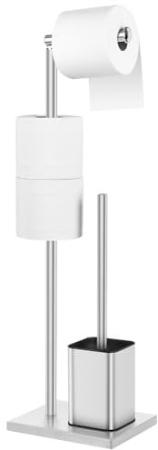 Toilet Roll Holder Free Standing with Toilet Brush - Stainless Steel Toilet Paper Holder Freestanding with Storage for Bathroom (Silver)
