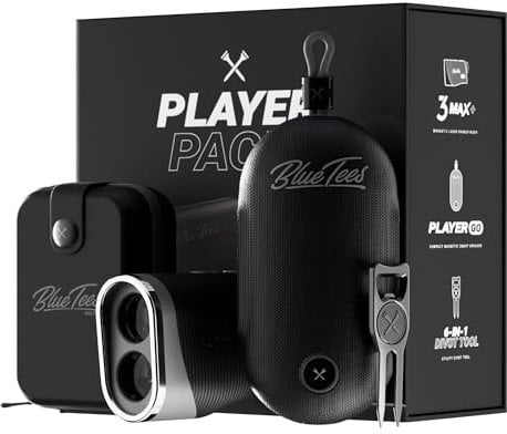 Blue Tees Golf Player Pack GO Bundle - Series 3 Max+ Rangefinder with Premium Case, The Player GO GPS Equipped Magnetic Speaker & Premium 6-in-1 Utility Divot Tool - The Complete Golf Bundle