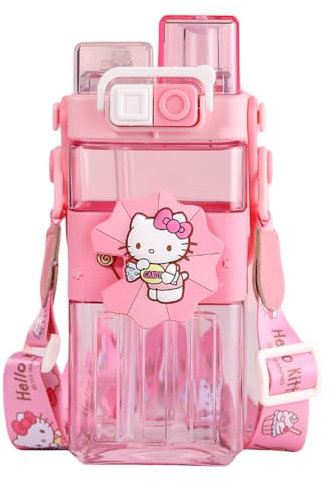 ISABELLA MOON Water Bottle Reusable Kids 520ml PP with Two Lids Leak Proof with straw Lid BPA Free Drinking bottle (Pink Cat)